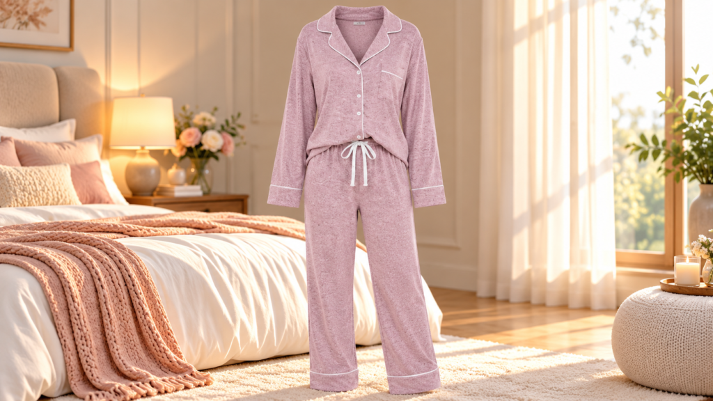 long-sleeve pajama top paired with full-length pants | Nightie Wear