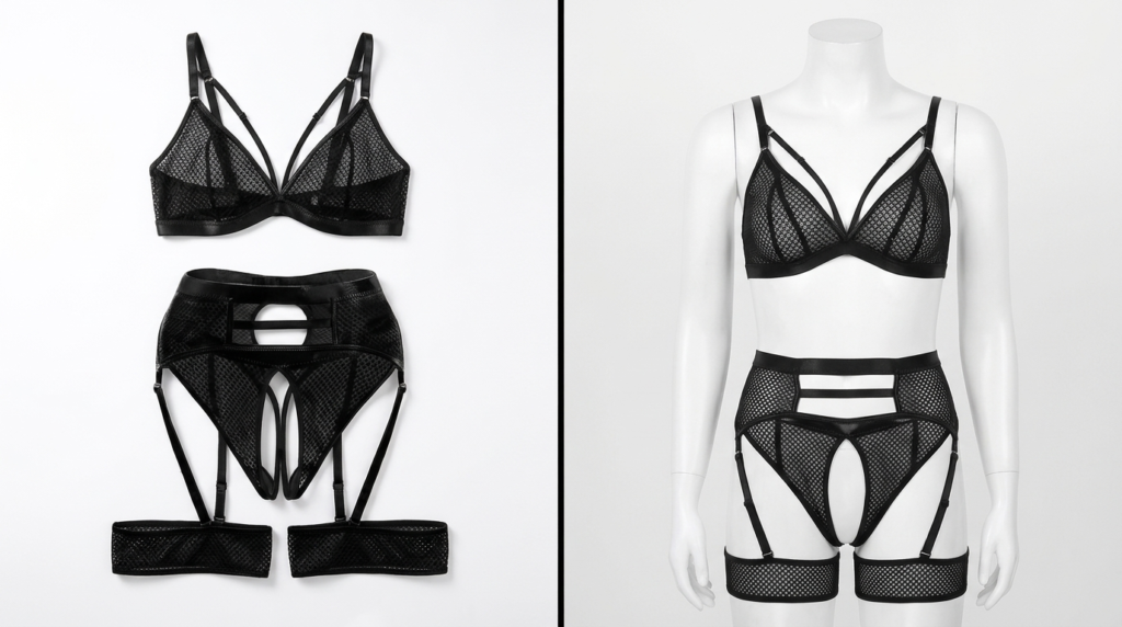 Four-Piece Cutout Lingerie Set with Garter Belt and Thigh Cuffs